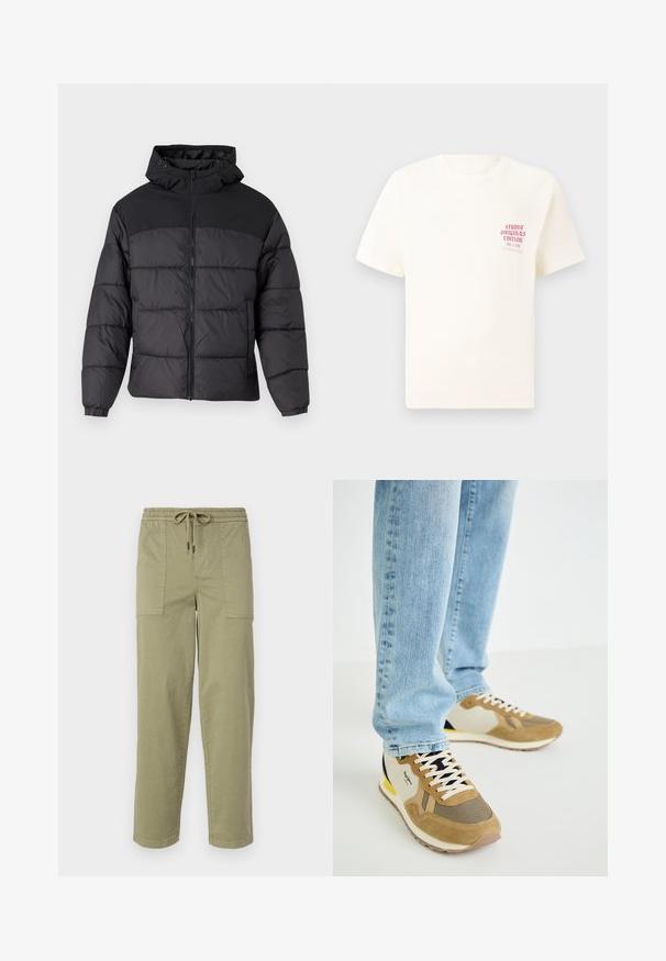 Mustas puffy jakk, millel on kapuuts, esi tõmblukk, elastsed varrukaotsad ja qm vapustav värveldisain. Ülemine osa on siledast kangast.; Valge lühikeste varrukatega T-särk, millel on vasakul rinnal punane tekst "Studio Originals Edition", esitatud neutraalsel hallil taustal.; Kerged oliivrohelised püksid, mis on valmistatud puuvilla segakangast, elastse vöökoha ja nööriga, ning kahel suurel küljeosal.; Kangalased ja kreemjad tenised, mis on valmistatud võrkkangast ja nahast, omavad mustriga ninaosa, kontrastset mereväe aktsenti ja tekstureeritud tallat.