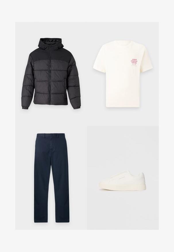 Fekete puffernadrág kapucnival, elöl cipzáros, rugalmas mandzsettákkal és steppelt dizájnnal. A felső része sima anyagból készült.; Fehér, rövid ujjú póló, bal mellen piros szöveggel "Studio Originals Edition", semleges szürke háttér előtt.; Sötétkék nadrág pamut keverékből, egyenes szabású, gombos záródással és övhurkokkal, sima textúrával, látható minták nélkül.; Fehér slip-on sportcipők texturált felülettel, vastag talppal és minimalista dizájnnal. Az oldalon a márka logója található.
