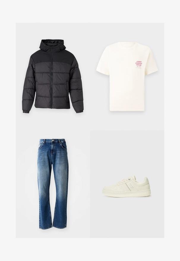 Zwarte pufferjack met een capuchon, voorzien van een rits aan de voorkant, elastische manchetten en een gequilt ontwerp. Het bovenste gedeelte is van gladde stof.; Witte T-shirt met korte mouwen met rode tekst "Studio Originals Edition" op de linker borst, weergegeven op een neutrale grijze achtergrond.; Denim jeans met een recht gesneden pijp, lichte en donkere blauwe wassing met vervaging, vijf zakken en een knoopsluiting.; Crème-kleurige sneaker met geperforeerde details, veters en een logo aan de zijkant, weergegeven tegen een eenvoudige witte achtergrond.