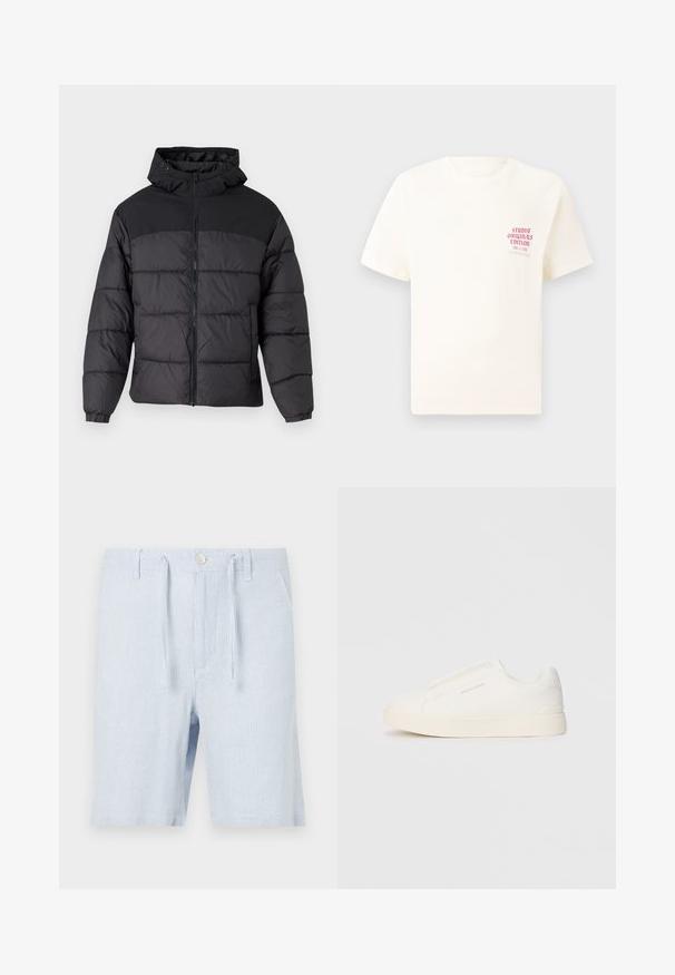Črna puhovka s kapuco, z zadrgo spredaj, elastičnimi manšetami in kvačkanjem. Zgornji del je iz gladkega materiala.; Bela majica s kratkimi rokavi z rdečim napisom "Studio Originals Edition" na levi strani prsnega koša, prikazana na nevtralnem sivo backgroundu.; Svetlo modri kratki hlače z vzorcem črt, z elastiko in vrvico v pasu, sprednjimi žepi in gumbom za zapiranje, narejene iz lahkega blaga.; Bele zapete brez vezalk z teksturirano površino, debelim podplatom in minimalističnim dizajnom. Na strani se nahaja logotip blagovne znamke.