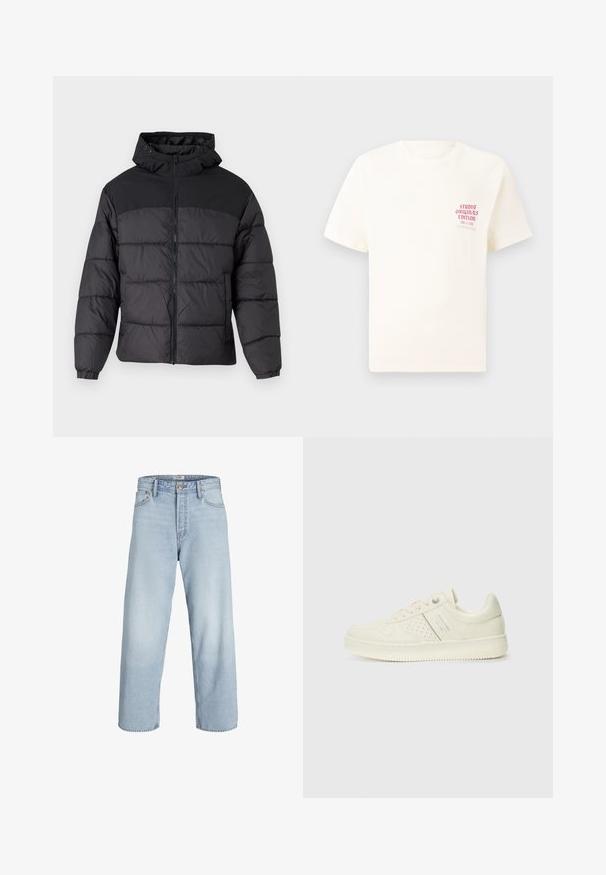 Czarna kurtka puchowa z kapturem, z zamkiem z przodu, elastycznymi mankietami i pikowanym wzorem. Górna część jest z gładkiego materiału.; Biała koszulka z krótkim rękawem z czerwonym napisem "Studio Originals Edition" po lewej stronie klatki piersiowej, wyeksponowana na neutralnym szarym tle.; Jasnoniebieskie dżinsy o wysokim stanie, szerokiej nogawce i prostym kroju. Posiadają klasyczne zapięcie na guziki oraz pięciokieszonkowy fason.; Kremowe sneakersy z perforowanymi detalami, sznurowadłami i logo z boku, prezentowane na jednolitym białym tle.