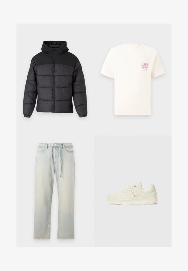 Zwarte pufferjack met een capuchon, voorzien van een rits aan de voorkant, elastische manchetten en een gequilt ontwerp. Het bovenste gedeelte is van gladde stof.; Witte T-shirt met korte mouwen met rode tekst "Studio Originals Edition" op de linker borst, weergegeven op een neutrale grijze achtergrond.; Lichtblauwe denim jeans met een relaxte fit, een tailleband met trekkoord, subtiele vervaagde textuur en rechte benen. Bevat klassieke zakken en stiksels.; Crème-kleurige sneaker met geperforeerde details, veters en een logo aan de zijkant, weergegeven tegen een eenvoudige witte achtergrond.