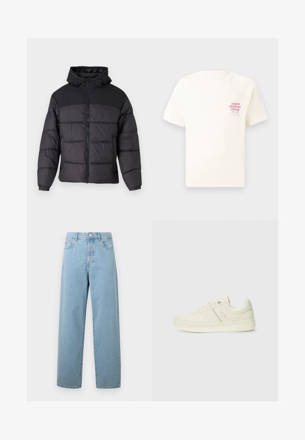 Black puffer jacket with a hood, featuring a zip front, elastic cuffs, and a quilted design. Upper section is smooth fabric.; White short-sleeve T-shirt with red text "Studio Originals Edition" on left chest, displayed on a neutral gray background.; Light blue wide-leg jeans made of denim, featuring a front button closure, traditional five-pocket design, and a relaxed fit.; Cream-colored sneaker with perforated detailing, laces, and logo on the side, displayed against a plain white background.