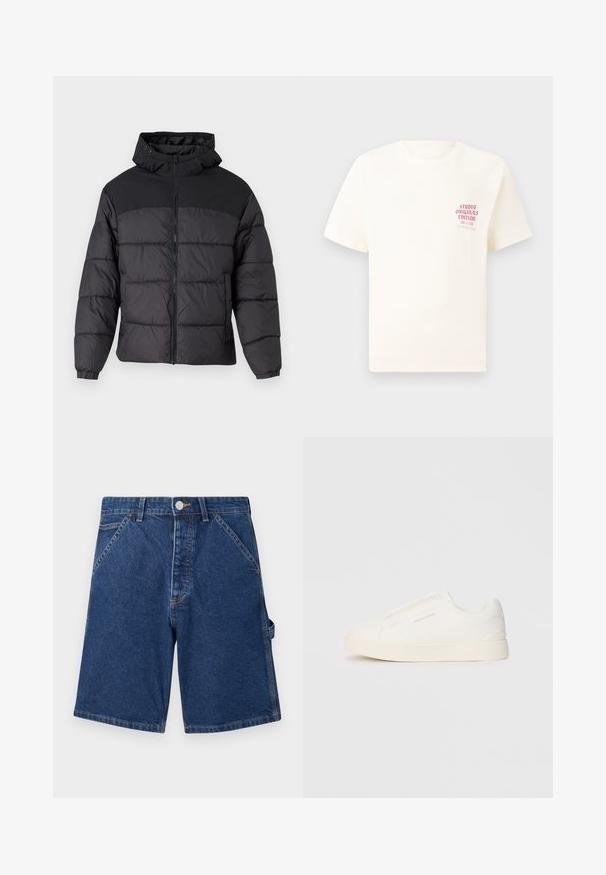 Mustas puffy jakk, millel on kapuuts, esi tõmblukk, elastsed varrukaotsad ja qm vapustav värveldisain. Ülemine osa on siledast kangast.; Valge lühikeste varrukatega T-särk, millel on vasakul rinnal punane tekst "Studio Originals Edition", esitatud neutraalsel hallil taustal.; Tumedatest denimperiood, klassikalise viie-tasku disainiga, metallnupuga sulgemine ja nähtavad õmblused õmbluste ääres.; Valged libisemiskindlad tossud tekstuuriga pinnaga, paksu tallaga ja minimalistikus disainis. Küljel on brändi logo.