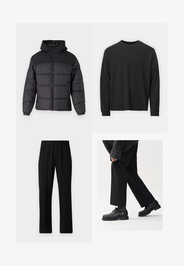 Mustas puffy jakk, millel on kapuuts, esi tõmblukk, elastsed varrukaotsad ja qm vapustav värveldisain. Ülemine osa on siledast kangast.; Pika pikkade varrukatega must T-särk, mis on valmistatud puuvillast, ümarate kaelustega, lohvaka lõikega ja soonikute mansettidega. Sujuv tekstuur, ilma nähtavate mustriteta.; Mustad, elastse puusärgid sirge säärega, mis on sileda tekstuuriga ja ilma nähtavate mustrite või riistadega.; Mustad mustad nahast kingad ümarate varvastega, nööridega disain ja paks tekstuurne talla. Kanda koos kohandatud mustade pükstega ja ribadega sviitriga.