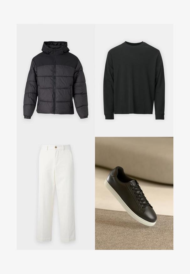 Juodas pūkinis švarkas su gobtuvu, turintis užtrauktuką priekyje, elastingas manžetai ir siūlėta tekstūra. Viršutinė dalis pagaminta iš lygaus audinio.; Ilga melsva juoda marškinėliai, pagaminti iš medvilnės, su apvaliu iškirpimu, laisvu siluetu ir ripsuota apykakle. Lygus paviršius be matomų raštų.; Balti pritaikyti džinsai, pagaminti iš medvilnės, su tiesiu sijonu, priekinėmis kišenėmis ir mygtuko uždarymu juosmens srityje. Lygi tekstūra.; Juodų odinių sportbačių su baltu guminiu padu ir juodomis raištelėmis nuotrauka, padėta ant šviesiai rudos tekstilės paviršiaus ir fono.