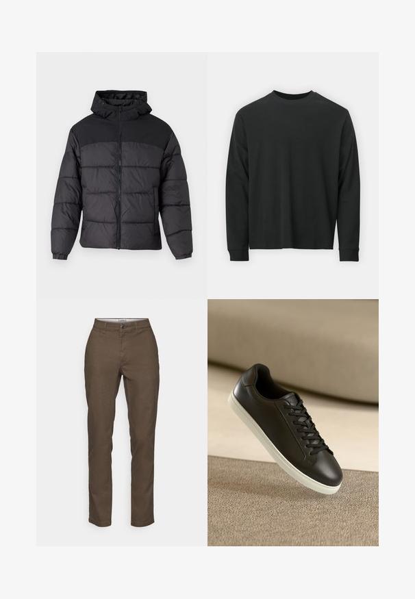 Čierna pufková bunda s kapucňou, so zipsom na prednej strane, elastickými manžetami a prešívaným dizajnom. Horná časť je z hladkej látky.; Čierne tričko s dlhým rukávom vyrobené z bavlny, s okrúhlym výstrihom, vo voľnom strihu a rebrovanými manžetami. Hladká textúra bez viditeľných vzorov.; Jack & Jones JPSTMARCO JJDAVE NOOS - Nohavice chinos - wren; Čierne kožené tenisky s bielou gumovou podrážkou a čiernymi šnúrkami, umiestnené na béžovom textilnom povrchu a pozadí.
