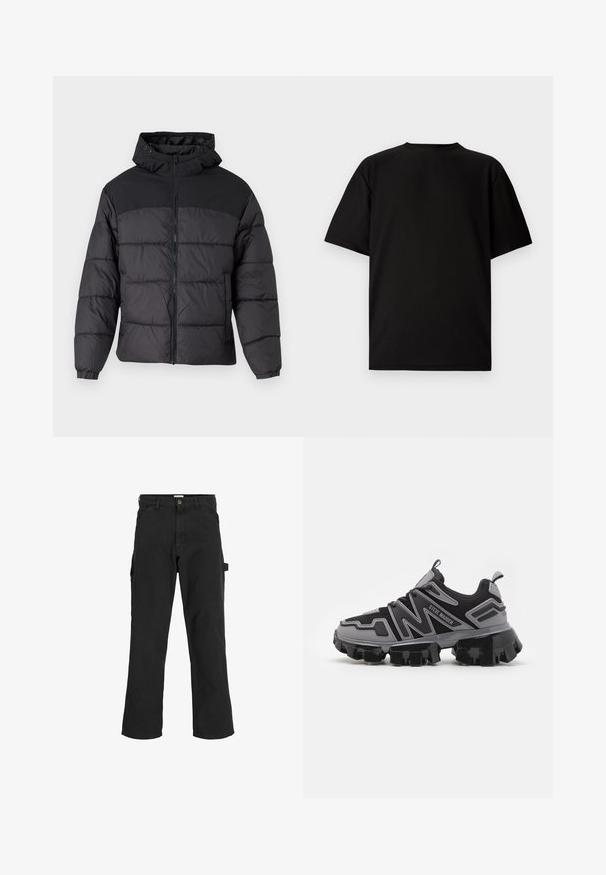 Black puffer jacket with a hood, featuring a zip front, elastic cuffs, and a quilted design. Upper section is smooth fabric.; Black short-sleeve T-shirt made from ribbed fabric. Features a round neckline and a relaxed fit with a smooth texture. Back view only.; Black cargo pants in cotton blend fabric. Features wide legs, front slant pockets, and a side pocket with a loop for accessories.; Steve Madden PRIVE - Trainers - light grey