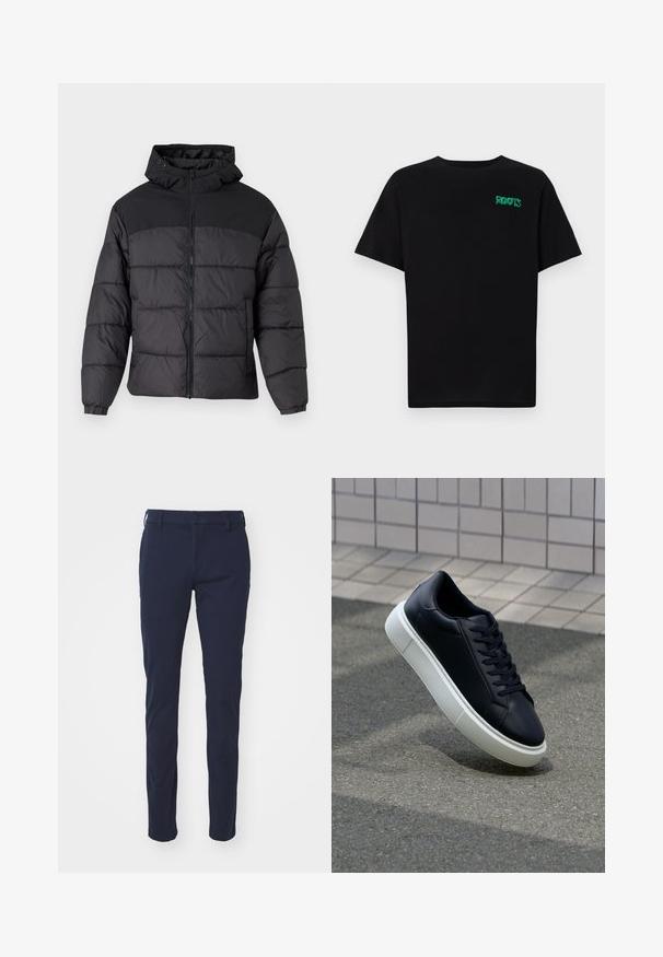 Black puffer jacket with a hood, featuring a zip front, elastic cuffs, and a quilted design. Upper section is smooth fabric.; Black t-shirt made of cotton with short sleeves. Features a green "ROOTS" logo on the front, round neckline, and standard fit.; Navy blue trousers with a smooth texture, slim fit design, belt loops, button closure, and front pockets. No visible patterns or accents.; Black leather sneaker with rounded toe and white rubber sole. Features flat laces and minimal stitching on the upper. Textured sole for grip.