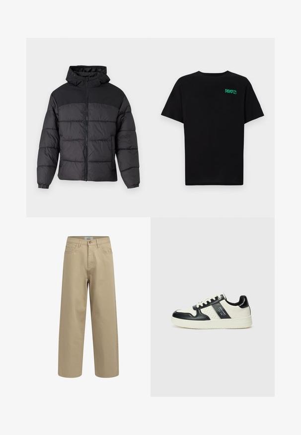 Black puffer jacket with a hood, featuring a zip front, elastic cuffs, and a quilted design. Upper section is smooth fabric.; Black t-shirt made of cotton with short sleeves. Features a green "ROOTS" logo on the front, round neckline, and standard fit.; Beige wide-leg trousers made from cotton fabric. Features a button fly, belt loops, and front pockets. Smooth texture with no visible patterns.; Leather sneakers with a black and cream color scheme, featuring perforated accents, a padded collar, and a textured outsole.