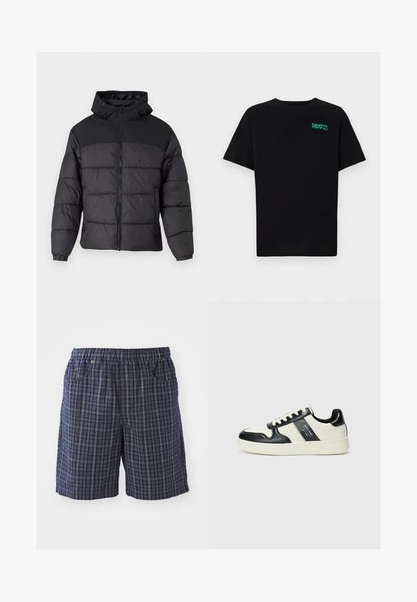 Black puffer jacket with a hood, featuring a zip front, elastic cuffs, and a quilted design. Upper section is smooth fabric.; Black t-shirt made of cotton with short sleeves. Features a green "ROOTS" logo on the front, round neckline, and standard fit.; Navy plaid shorts with an elastic waistband, featuring pockets and a loose fit. Made of lightweight fabric with a checkered design.; Leather sneakers with a black and cream color scheme, featuring perforated accents, a padded collar, and a textured outsole.