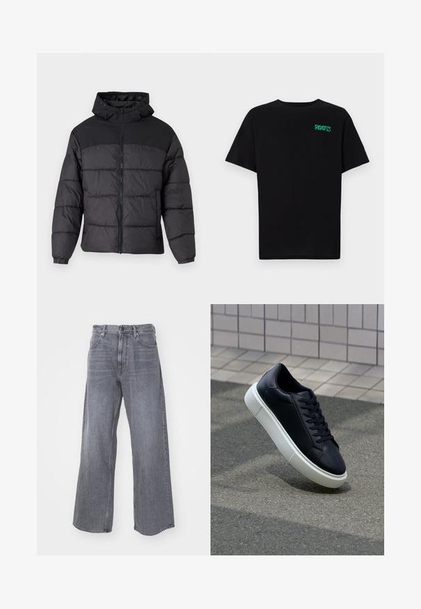 Black puffer jacket with a hood, featuring a zip front, elastic cuffs, and a quilted design. Upper section is smooth fabric.; Black t-shirt made of cotton with short sleeves. Features a green "ROOTS" logo on the front, round neckline, and standard fit.; G-STAR TYPE - Loose Jeans - worn in rock; Black leather sneaker with rounded toe and white rubber sole. Features flat laces and minimal stitching on the upper. Textured sole for grip.