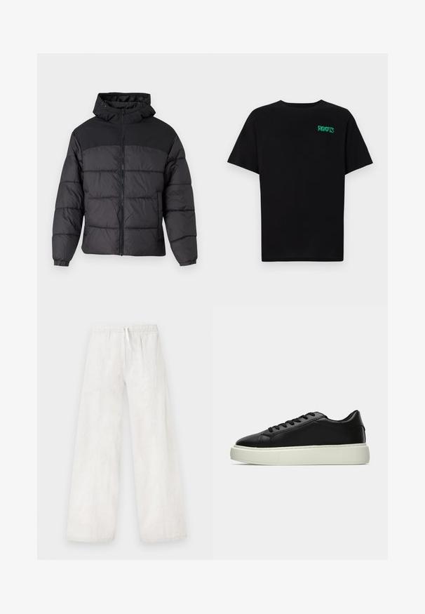 Czarna kurtka puchowa z kapturem, z zamkiem z przodu, elastycznymi mankietami i pikowanym wzorem. Górna część jest z gładkiego materiału.; Czarna koszulka z bawełny z krótkim rękawem. Posiada zielone logo "ROOTS" z przodu, okrągły dekolt i standardowy krój.; Białe lniane spodnie o szerokich nogawkach z elastycznym paskiem w talii oraz detalem w postaci sznurka. Gładka faktura i prosty krój, z bocznymi szwami.; Czarne skórzane sneakersy z okrągłym czubkiem, płaskimi sznurowadłami i białą gumową podeszwą z teksturowanymi detalami. Gładka powierzchnia z minimalnym wzornictwem.