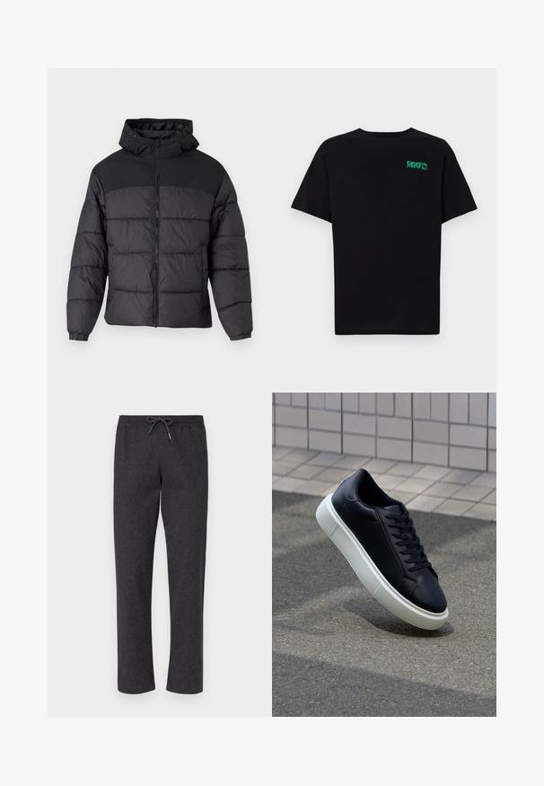 Juodas pūkinis švarkas su gobtuvu, turintis užtrauktuką priekyje, elastingas manžetai ir siūlėta tekstūra. Viršutinė dalis pagaminta iš lygaus audinio.; Juodas medvilninis marškinėliai trumpomis rankovėmis. Priekyje yra žalias „ROOTS“ logotipas, apvalus iškirpimas ir standartinė prigludimo forma.; Tamsiai pilkos, minkštos medvilnės kelnės su elastinga juosmens juosta ir raišteliu. Tiesios kojos dizainas, be kišenių, glotni tekstūra ir paprasta konstrukcija.; Juodas odinis sportbačius su apvaliu pirštu ir baltu gumuotu padu. Turi plokščias raišteles ir minimalų siuvimą viršuje. Padangos tekstūra užtikrina sukibimą.