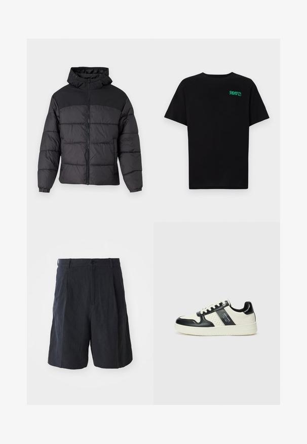 Crna puf jakna s kapuljačom, s prednjim zipom, elastičnim manžetama i kuglastim dizajnom. Gornji deo je od glatkog materijala.; Crna majica kratkih rukava od pamuka. Na prednjem dijelu se nalazi zeleni "ROOTS" logo, okrugli izrez i standardni kroj.; Weekday LOOSE SUIT - Kratke hlače - black; Kožne tenisice s crno-bijelom paletom boja, koje imaju perforirane akcentne detalje, podstavljeni ovratnik i teksturiranu potplat.