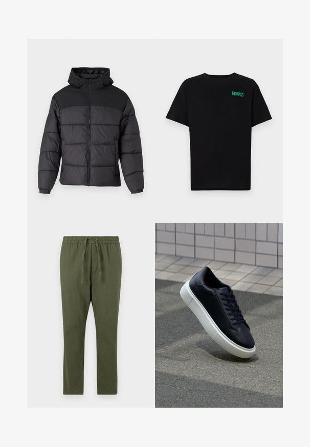 Black puffer jacket with a hood, featuring a zip front, elastic cuffs, and a quilted design. Upper section is smooth fabric.; Black t-shirt made of cotton with short sleeves. Features a green "ROOTS" logo on the front, round neckline, and standard fit.; Olive green, lightweight trousers with a drawstring waistband, straight leg design, and soft texture. Simple and functional style.; Black leather sneaker with rounded toe and white rubber sole. Features flat laces and minimal stitching on the upper. Textured sole for grip.