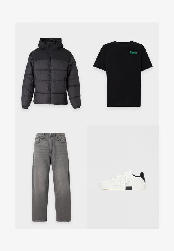 Black puffer jacket with a hood, featuring a zip front, elastic cuffs, and a quilted design. Upper section is smooth fabric.; Black t-shirt made of cotton with short sleeves. Features a green "ROOTS" logo on the front, round neckline, and standard fit.; Gray denim jeans with a loose fit, straight legs, five-pocket design, and metal button closure. Features faded texture and subtle stitching.; White sneakers with perforated design, black heel accent, and white rubber sole. Features laces and logo on the side. Smooth leather texture.