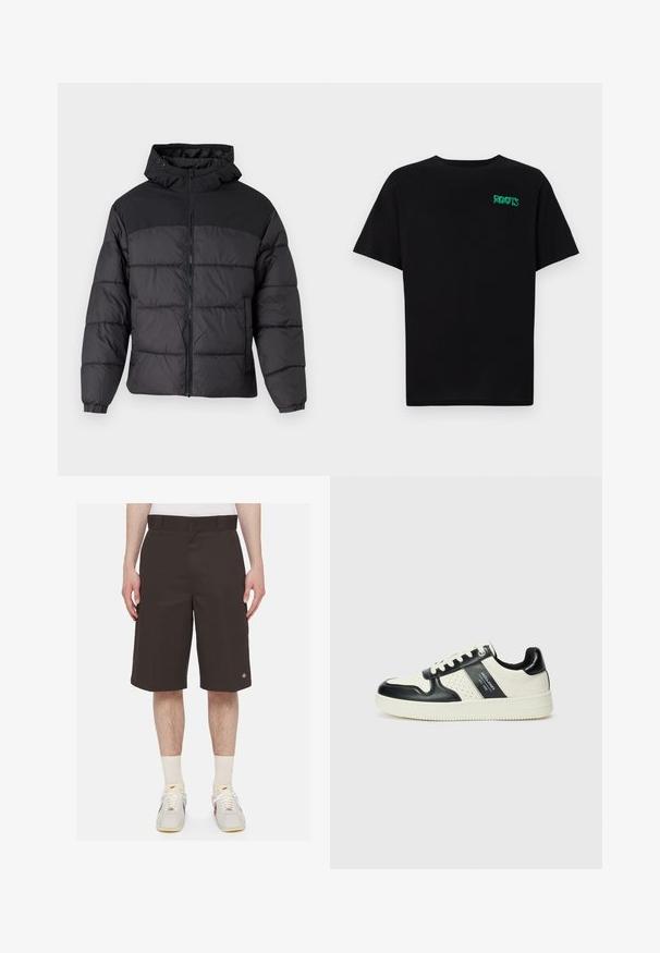 Black puffer jacket with a hood, featuring a zip front, elastic cuffs, and a quilted design. Upper section is smooth fabric.; Black t-shirt made of cotton with short sleeves. Features a green "ROOTS" logo on the front, round neckline, and standard fit.; Dark brown shorts made of sturdy fabric, feature a straight fit, mid-thigh length, and embroidered logo on the left leg.; Leather sneakers with a black and cream color scheme, featuring perforated accents, a padded collar, and a textured outsole.