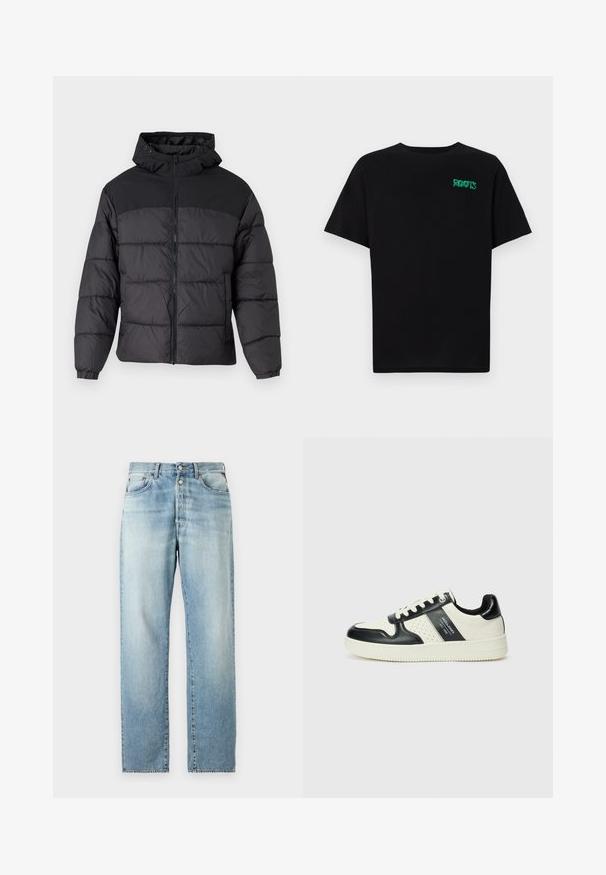 Melns pūka mētelis ar kapuci, ar rāvējslēdzēja priekšpusi, elastīgām apkaklēm un izšuvumu dizainu. Augšējā daļa ir gluda auduma.; Melna kokvilnas t-kreka ar īsām piedurknēm. Uz priekšu ir zaļa "ROOTS" logo, apaļa kakla izgriezums un standarta piegriezums.; Gaiši zili džinsi ar taisnu kāju dizainu, ar klasisku piecu kabatu izkārtojumu un pogu aizdari. Izplūduša tekstūra visā virsmā.; Ādas sporta apavi ar melnbaltu krāsu shēmu, ar perforētiem akcentiem, mīkstinātu apkakli un teksturētu zoli.
