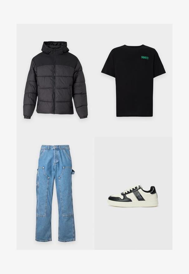 Crna puf jakna s kapuljačom, s prednjim zipom, elastičnim manžetama i kuglastim dizajnom. Gornji deo je od glatkog materijala.; Crna majica kratkih rukava od pamuka. Na prednjem dijelu se nalazi zeleni "ROOTS" logo, okrugli izrez i standardni kroj.; Svijetloplave traper cargo hlače s opuštenim krojem, višestrukim zakrpanim džepovima i kontrastnim šavovima. Imaju zatvaranje na gumb i petlje za remen.; Kožne tenisice s crno-bijelom paletom boja, koje imaju perforirane akcentne detalje, podstavljeni ovratnik i teksturiranu potplat.