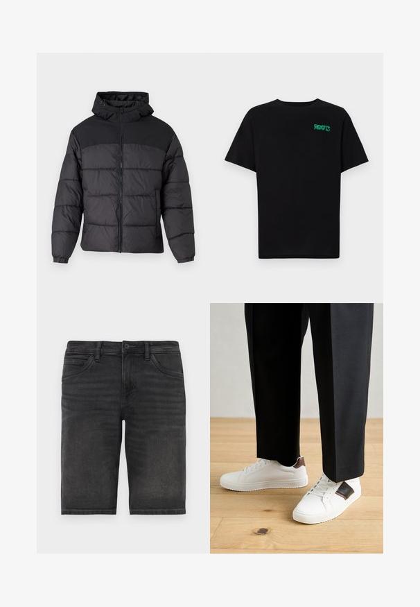 Doudoune noire avec capuche, dotée d'une fermeture éclair à l'avant, de poignets élastiques et d'un design matelassé. La partie supérieure est en tissu lisse.; T-shirt noir en coton à manches courtes. Présente un logo "ROOTS" vert sur le devant, un col rond et une coupe standard.; Shorts en denim noir avec une coupe droite, cinq poches et une fermeture à bouton. Présente un léger délavage et une texture de tissu robuste.; Des sneakers blanches au texture lisse, avec des accents en cuir marron et des détails noirs, assorties à un pantalon noir ajusté. Fond en parquet.