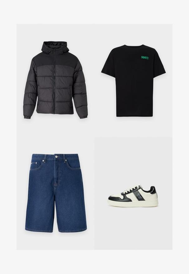 Zwarte pufferjack met een capuchon, voorzien van een rits aan de voorkant, elastische manchetten en een gequilt ontwerp. Het bovenste gedeelte is van gladde stof.; Zwarte T-shirt van katoen met korte mouwen. Heeft een groen "ROOTS" logo op de voorkant, een ronde halslijn en een standaard pasvorm.; Denim shorts in een donkerblauwe tint met een klassieke snit, voorzien van een vijf-pocket ontwerp en contrasterende stikseldetails.; Leren sneakers met een zwart en crèmekleurig kleurenschema, voorzien van geperforeerde accenten, een gevoerde kraag en een gestructureerde buitenzool.