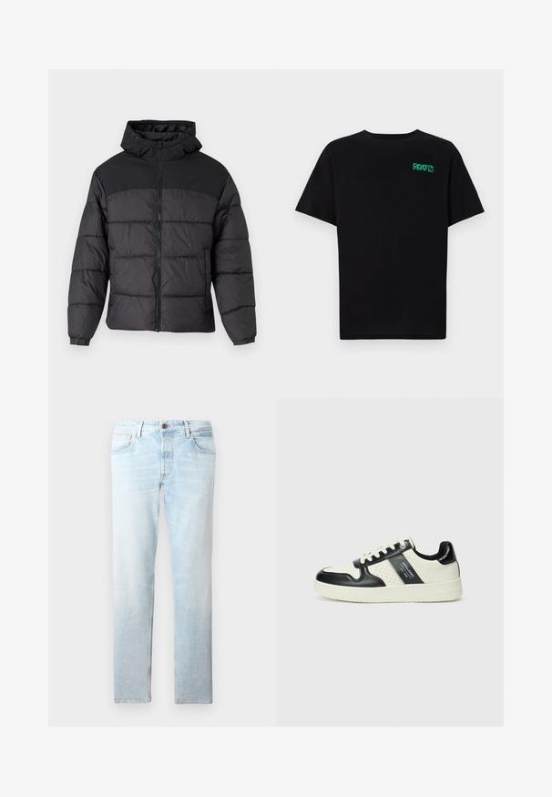 Giacca a vento nera con cappuccio, dotata di chiusura zip frontale, polsini elastici e un design trapuntato. La parte superiore è in tessuto liscio.; T-shirt nera in cotone con maniche corte. Presenta un logo verde "ROOTS" sulla parte frontale, colletto rotondo e vestibilità standard.; Jeans in denim azzurro chiaro con design a gamba dritta, cinque tasche e chiusura con un bottone singolo, caratterizzati da macchie scolorite e una texture sottile.; Sneakers in pelle con una combinazione di colori nero e crema, dotati di dettagli perforati, collare imbottito e suola testurizzata.