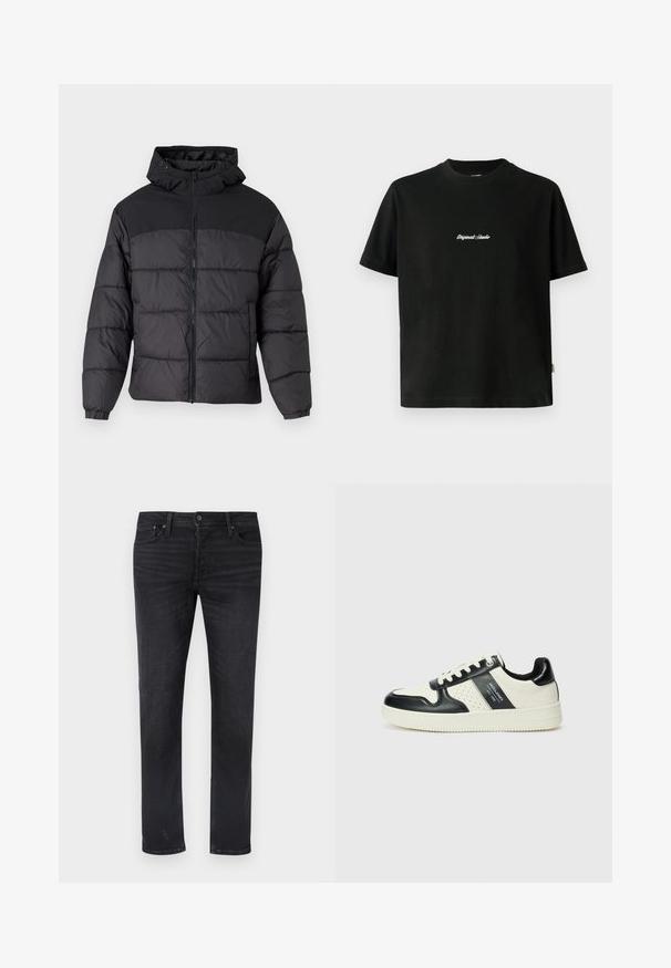 Črna puhovka s kapuco, z zadrgo spredaj, elastičnimi manšetami in kvačkanjem. Zgornji del je iz gladkega materiala.; Črna bombažna majica s kratkimi rokavi, ki ima belo vezeno besedilo "Original Studio" na prsih in okrogel izrez.; Črne džins hlače iz jeansa s krojem z ravnimi hlačnicami, ki imajo pet žepov, srednje visok pas in subtilne zbledele detajle.; Usnjeni športni čevlji z črno in krem barvno shemo, ki vključujejo perforirane dodatke, podložen ovratnik in strukturirano podplat.