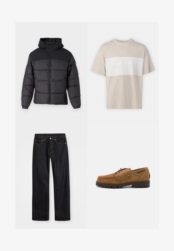 Svart puffjacka med huva, med dragkedja fram, elastiska ärmslut och en kviltad design. Översta delen har en slät tygkvalitet.; Beige bomullströja med en vit horisontell panel med texten "JACK & JONES ESSENTIALS WORLDWIDE" i präglade bokstäver. Korta ärmar.; Svart denimjeans för män med rak passform, fem fickor och orangea sömmar, med knäppning och dragkedja fram i midjan.; Bruna mockaskor med rund tå, kontrasterande sömnadsdetaljer och en strukturerad gummisula med djupa mönster för grepp.