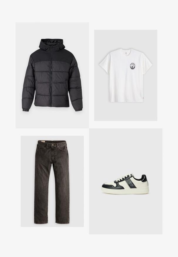 Black puffer jacket with a hood, featuring a zip front, elastic cuffs, and a quilted design. Upper section is smooth fabric.; White cotton t-shirt with short sleeves, round neck, and a black circular logo on the left chest featuring a stylized design.; Straight-leg black denim jeans with button and zipper closure, front and back pockets, and belt loops.; Leather sneakers with a black and cream color scheme, featuring perforated accents, a padded collar, and a textured outsole.