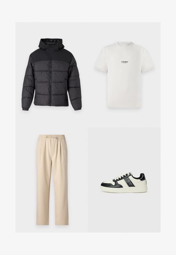 Giacca a vento nera con cappuccio, dotata di chiusura zip frontale, polsini elastici e un design trapuntato. La parte superiore è in tessuto liscio.; T-shirt bianco in cotone con maniche corte, caratterizzato da un logo nero "JJ Studios" sul petto. Design con colletto tondo e vestibilità standard.; Pantaloni beige con cintura elastica e cordino, design a gamba dritta e tessuto morbido e liscio.; Sneakers in pelle con una combinazione di colori nero e crema, dotati di dettagli perforati, collare imbottito e suola testurizzata.
