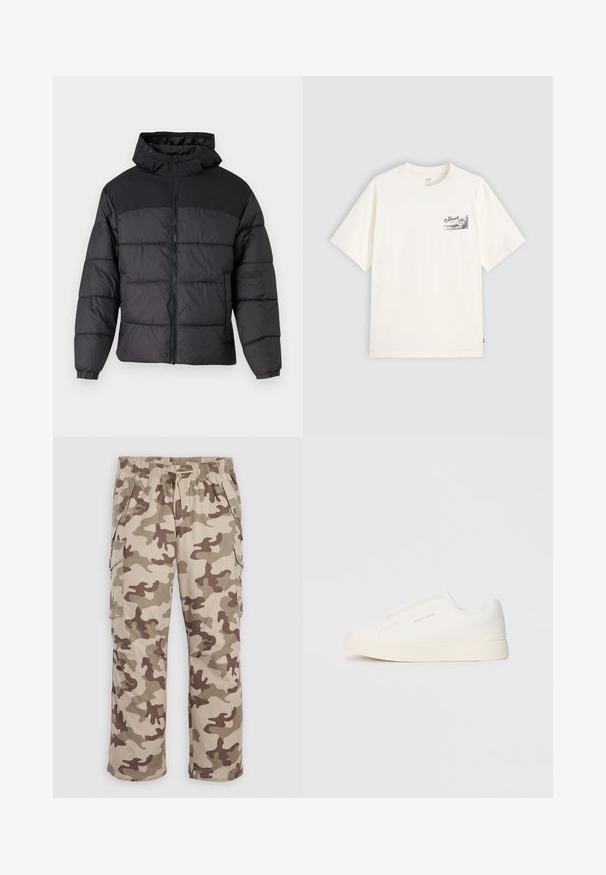 Čierna pufková bunda s kapucňou, so zipsom na prednej strane, elastickými manžetami a prešívaným dizajnom. Horná časť je z hladkej látky.; Biely tričko s krátkymi rukávmi vyrobené z bavlny, s čiernym grafickým dizajnom na ľavej strane hrude s nápisom "Fresh."; Béžové a hnedé maskáčové cargo nohavice s elastickým pásom, šnúrkou a gombíkovými bočnými a prednými vreckami na bielom pozadí.; Biele slip-on tenisky s textúrovaným povrchom, hrubou podrážkou a minimalistickým dizajnom. Obsahuje logo značky na boku.