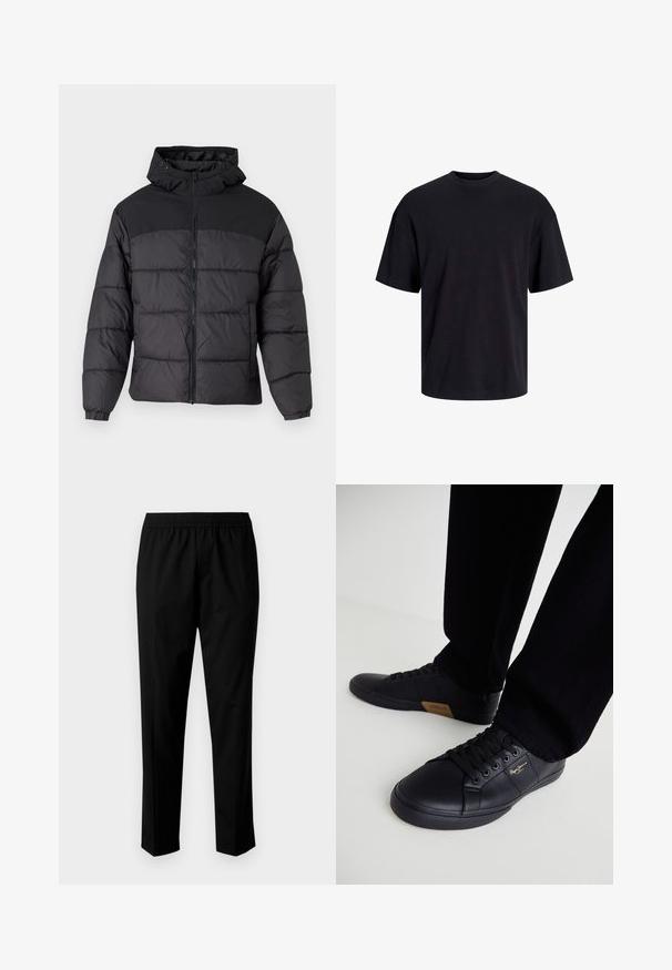 Fekete puffernadrág kapucnival, elöl cipzáros, rugalmas mandzsettákkal és steppelt dizájnnal. A felső része sima anyagból készült.; Fekete pamut póló, kerek nyakkivágással, rövid ujjú és laza fazonú. Simább anyagú, látható minták vagy díszítések nélkül.; Fekete nadrág, rugalmas derékkal, egyenes szárú kialakítással. Az anyag sima, matt textúrával rendelkezik, nincsenek látható minták.; Fekete bőr sportcipők elegáns dizájnnal, texturált felülettel, kerek orral és fekete fűzővel. Arany logóval az oldalon.
