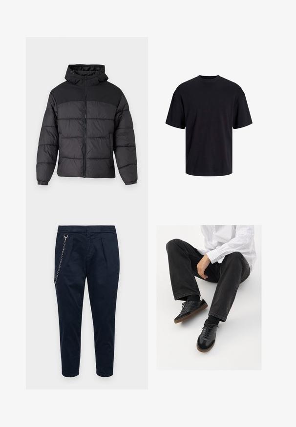 Črna puhovka s kapuco, z zadrgo spredaj, elastičnimi manšetami in kvačkanjem. Zgornji del je iz gladkega materiala.; Črna bombažna majica s krojačkom izrezom, kratkimi rokavi in sproščenim krojem. Gladka tekstura in brez vidnih vzorcev ali poudarkov.; Redefined Rebel LEE CROPPED - Hlače - sky captain; Črne superge z gladkim in strukturiranim zgornjim delom, ki vključuje gumijast podplat in temne vezalke. Uvrščene so z štručasto črnimi kavbojkami in belo črtasto majico.
