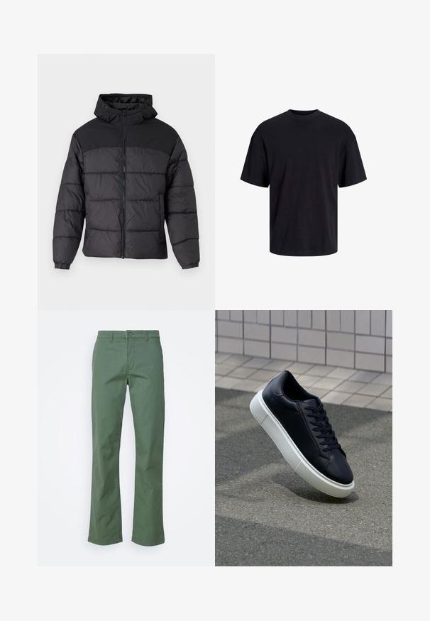 Sort pufferjakke med hætte, med lynlåslukning, elastiske manchetter og en quilted design. Øverste sektion er lavet af glat stof.; Sort bomulds t-shirt med rund hals, korte ærmer og en afslappet pasform. Glat tekstur uden synlige mønstre eller accenter.; Grønne bomuldsbukser med lige ben-design, der har en frontal knaplukning og sidelommer. Glat tekstur og uden mønstre.; Sort lædersneaker med rund tå og hvid gummisål. Har flade snørebånd og minimal syning på overdelen. Tekstureret sål for bedre greb.