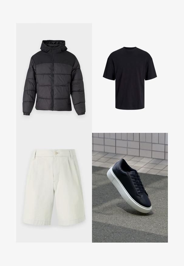 Black puffer jacket with a hood, featuring a zip front, elastic cuffs, and a quilted design. Upper section is smooth fabric.; Black cotton t-shirt with a crew neckline, short sleeves, and a relaxed fit. Smooth texture and no visible patterns or accents.; Light gray cotton shorts with a flat front, button closure, two side pockets, and a straight leg design. Smooth texture, knee-length.; Black leather sneaker with rounded toe and white rubber sole. Features flat laces and minimal stitching on the upper. Textured sole for grip.