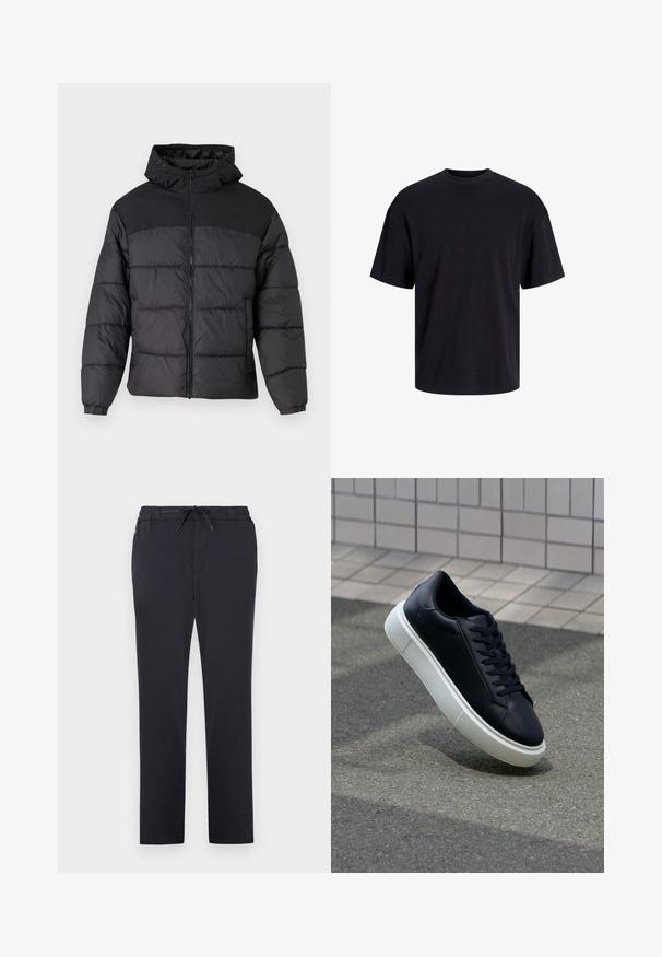 Sort pufferjakke med hætte, med lynlåslukning, elastiske manchetter og en quilted design. Øverste sektion er lavet af glat stof.; Sort bomulds t-shirt med rund hals, korte ærmer og en afslappet pasform. Glat tekstur uden synlige mønstre eller accenter.; Sorte træningbukser lavet af blødt stof med elastisk talje, justerbar snor og lige ben. Ingen synlige mønstre eller udsmykninger.; Sort lædersneaker med rund tå og hvid gummisål. Har flade snørebånd og minimal syning på overdelen. Tekstureret sål for bedre greb.