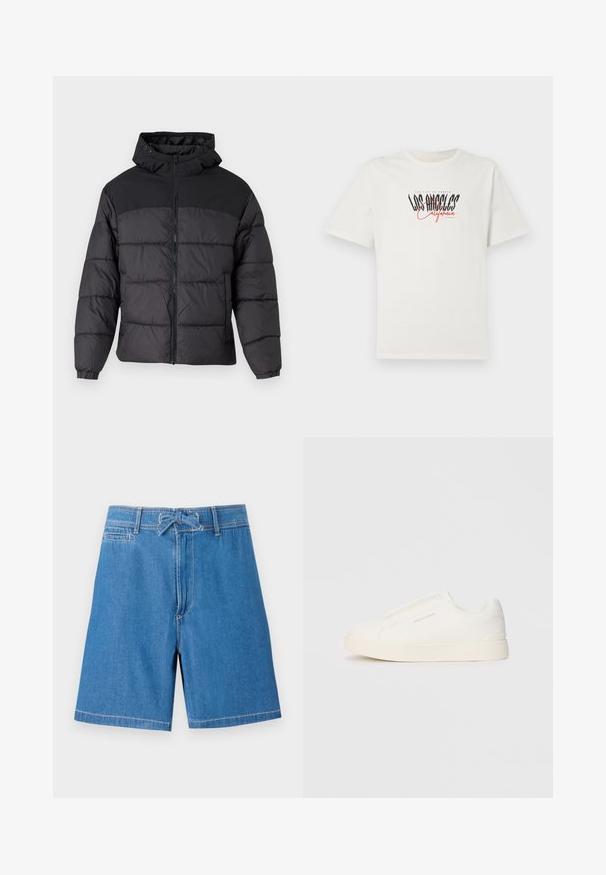 Svart puffjakke med hette, med glidelås foran, elastiske mansjetter og quiltet design. Øvre del har glatt stoff.; Hvit bomull T-skjorte med korte ermer og rund hals. Har «Los Angeles California» grafikk i svart og rødt. Enkel, avslappet passform.; Lette blå denimshorts med snor i livet, frontlommer og kontraststing. Klassisk design, kne-lengde.; Hvite slip-on joggesko med teksturert overflate, tykk såle og minimalistisk design. Har merkevarelogo på siden.