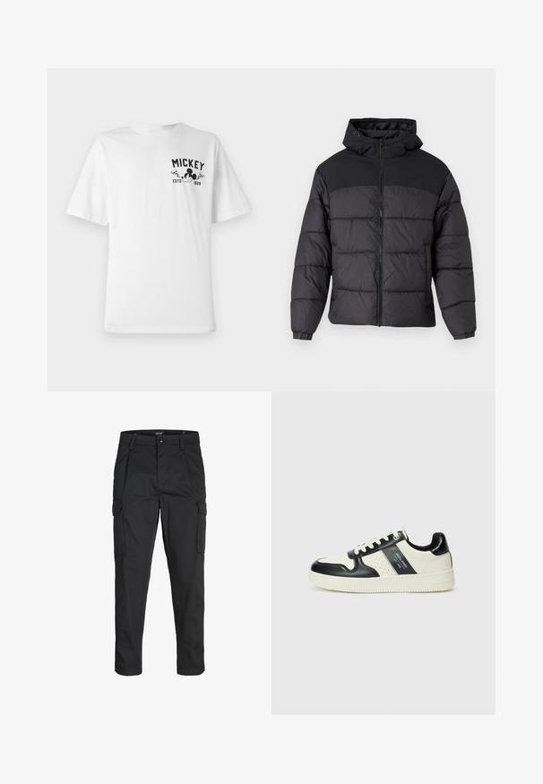 Black puffer jacket with a hood, featuring a zip front, elastic cuffs, and a quilted design. Upper section is smooth fabric.; White cotton t-shirt featuring a black graphic with "MICKEY" and a cartoon character, with a round neckline and short sleeves.; Black cargo pants made of sturdy fabric, featuring multiple pockets, a button closure, and a slim fit design with tapered legs.; Leather sneakers with a black and cream color scheme, featuring perforated accents, a padded collar, and a textured outsole.