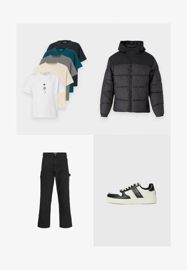 Sort pufferjakke med hætte, med lynlåslukning, elastiske manchetter og en quilted design. Øverste sektion er lavet af glat stof.; Sæt af seks t-shirts i bomuldsstof. Farverne inkluderer hvid, beige, grå, teal og sort. Indeholder et grafisk design på den hvide t-shirt.; Sorte cargo-bukser i en blanding af bomuldsstof. Har brede ben, skråtgående frontlommer og en sidelomme med en løkke til tilbehør.; Lædersneakers i sort og creme farveskema, med perforerede detaljer, en polstret krave og en struktureret ydersål.
