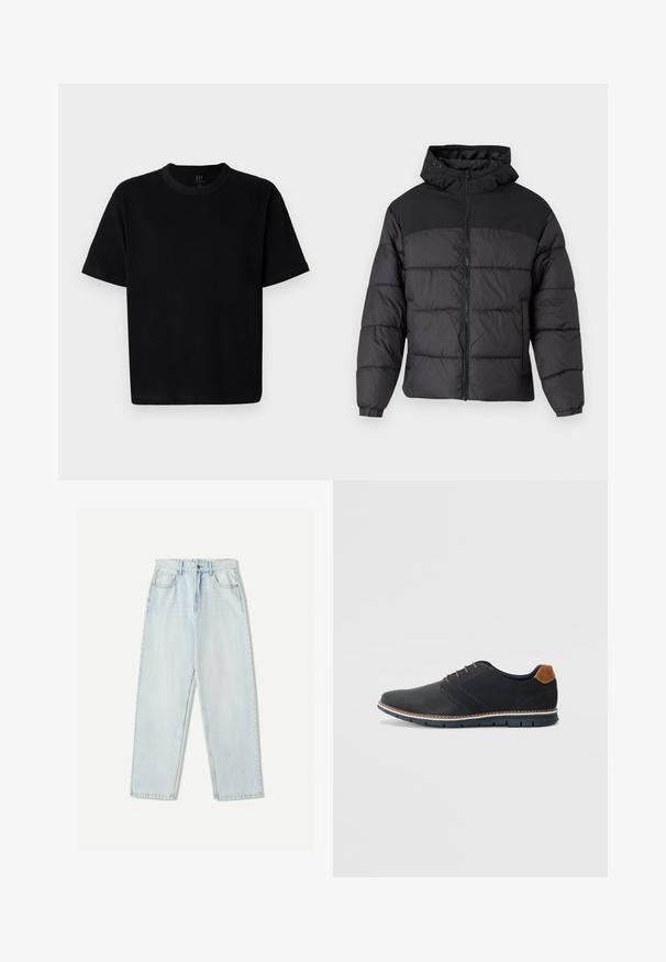 Sort pufferjakke med hætte, med lynlåslukning, elastiske manchetter og en quilted design. Øverste sektion er lavet af glat stof.; Sort bomulds t-shirt med rund halsudskæring, korte ærmer og lige snit. Har minimal syning og en blød, glat tekstur.; Lys blå denim jeans med en afslappet pasform, lige ben design, fem-lomme stil og subtil falmning på stoffet.; Sorte syntetiske sko med en tekstureret overdel, glatte accenter, brun hæl og en kontrasterende sål. Har minimale snørebånd og syningsdetaljer.