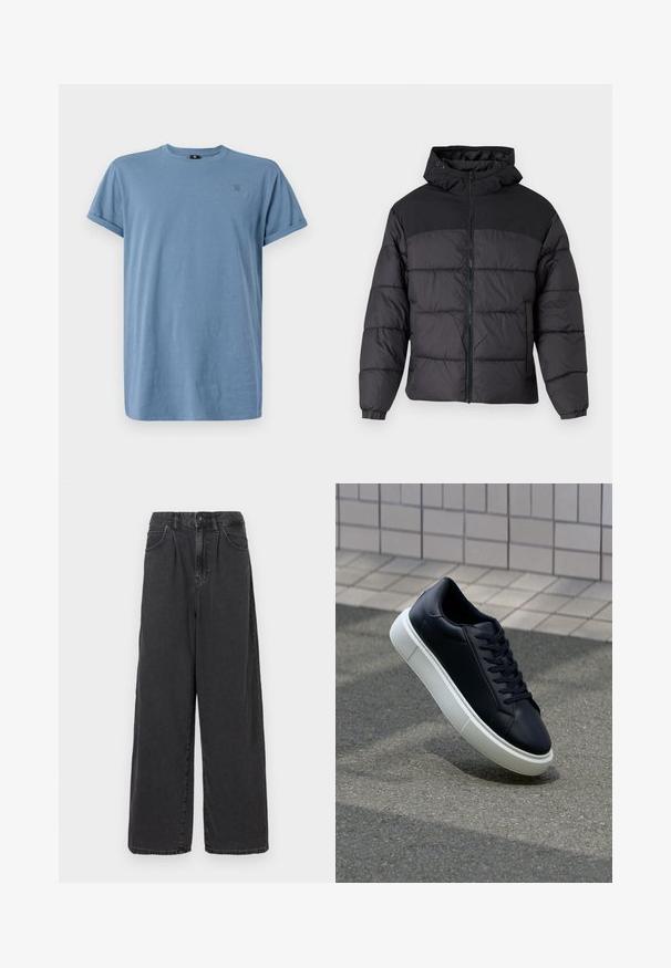 Juodas pūkinis švarkas su gobtuvu, turintis užtrauktuką priekyje, elastingas manžetai ir siūlėta tekstūra. Viršutinė dalis pagaminta iš lygaus audinio.; G-STAR LASH - Paprasti marškinėliai - avio; Plačios kojos, aukšto juosmens juodos džinsinės kelnės su priekiniais mygtukais ir užtrauktuku, turinčios šonines kišenes ir lygią tekstūrą.; Juodas odinis sportbačius su apvaliu pirštu ir baltu gumuotu padu. Turi plokščias raišteles ir minimalų siuvimą viršuje. Padangos tekstūra užtikrina sukibimą.