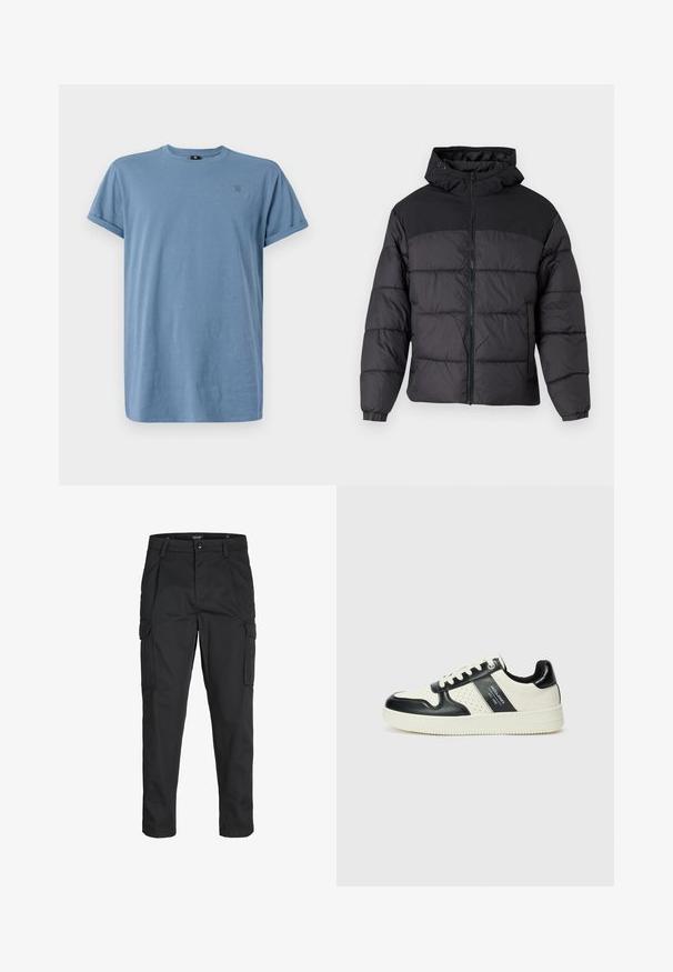 Svart puffjakke med hette, med glidelås foran, elastiske mansjetter og quiltet design. Øvre del har glatt stoff.; G-STAR LASH - T-shirts - avio; Sorte cargo bukser laget av slitesterkt stoff, med flere lommer, knappelukking og en slim fit-design med avsmalnede ben.; Lædersneakers med sort og creme farveskema, der har perforerede detaljer, en polstret krave og en struktureret ydersål.