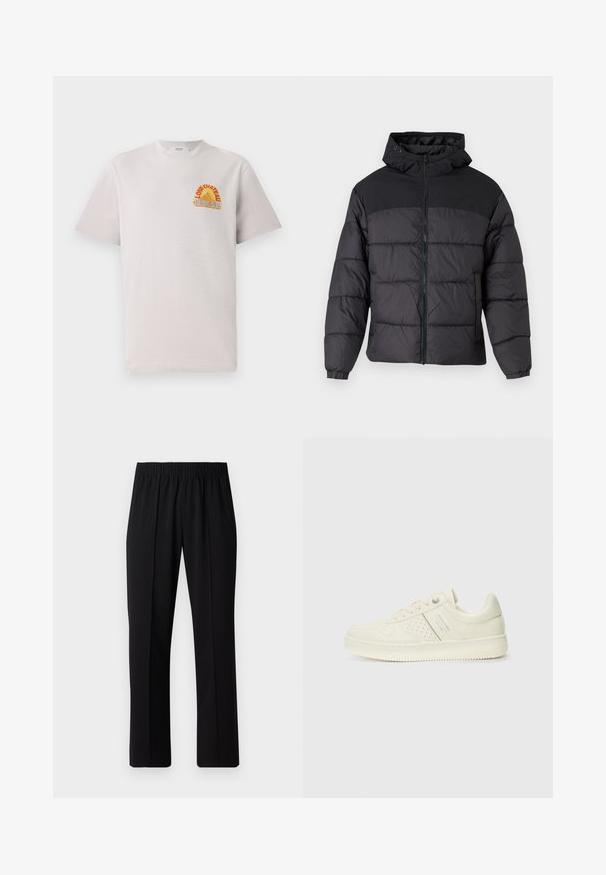 Zwarte pufferjack met een capuchon, voorzien van een rits aan de voorkant, elastische manchetten en een gequilt ontwerp. Het bovenste gedeelte is van gladde stof.; Lichtgrijs katoen T-shirt met ronde hals, voorzien van een kleurrijke "Lone Château Replay" grafiek in oranje en blauw op de borst.; Zwarte, elastische broek met rechte pijpen, met een gladde textuur en zonder zichtbare patronen of hardware.; Crème-kleurige sneaker met geperforeerde details, veters en een logo aan de zijkant, weergegeven tegen een eenvoudige witte achtergrond.