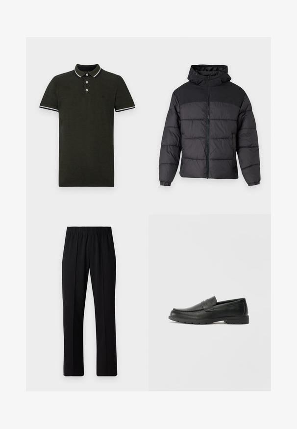 Sort pufferjakke med hætte, med lynlåslukning, elastiske manchetter og en quilted design. Øverste sektion er lavet af glat stof.; Mørkegrøn polo skjorte lavet af tekstureret stof. Har en to-knaps lukning, kontraststribede krave og ærmekanter i hvid og marineblå.; Sorte bukser med elastisk talje og lige ben, der har en glat tekstur og ingen synlige mønstre eller hardware.; Sorte læderslippers med en glat finish, mokkasin-stil overdel, syninger og gummisål. Klassisk design med en lav hæl.