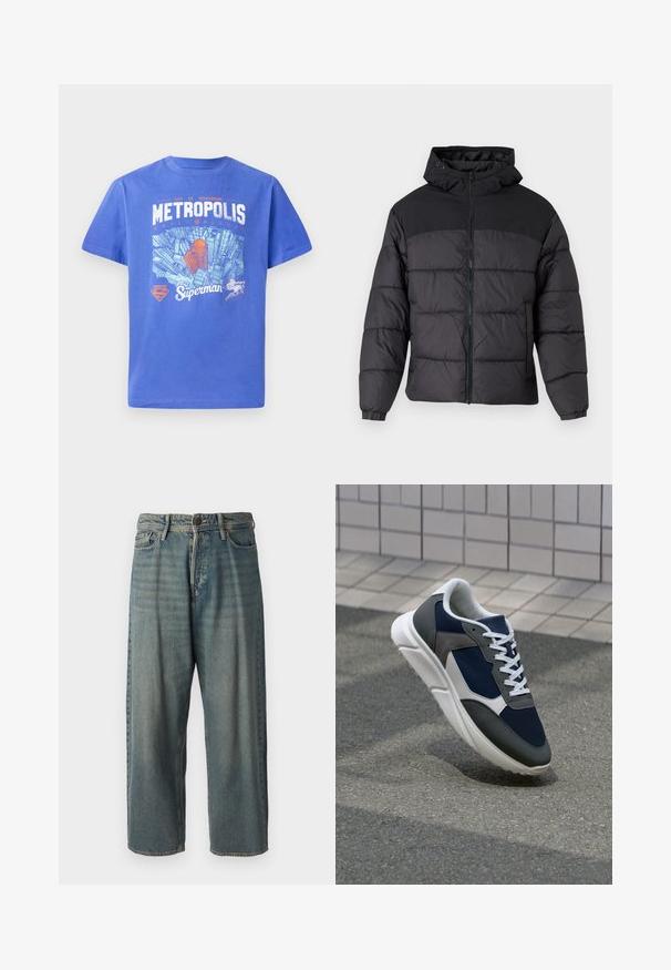 Geacă puffer neagră cu glugă, cu fermoar în față, manșoane elastice și un design matlasat. Secțiunea superioară este dintr-un material neted.; Tricou din bumbac albastru, cu mâneci scurte. Prezentă un grafic cu silueta orașului Metropolis și logo-ul lui Superman în alb și portocaliu. Design cu guler în formă de crew.; Jeans din denim bleu deschis, cu o croială lejeră, talie medie și picioare drepte. Au cinci buzunare, bucle pentru curea și închidere cu nasture.; Adidași cu un uppers din plasă albastră închisă, accente din suede gri, talpă din cauciuc alb și șireturi plate albe, concepuți pentru confort și respirabilitate.