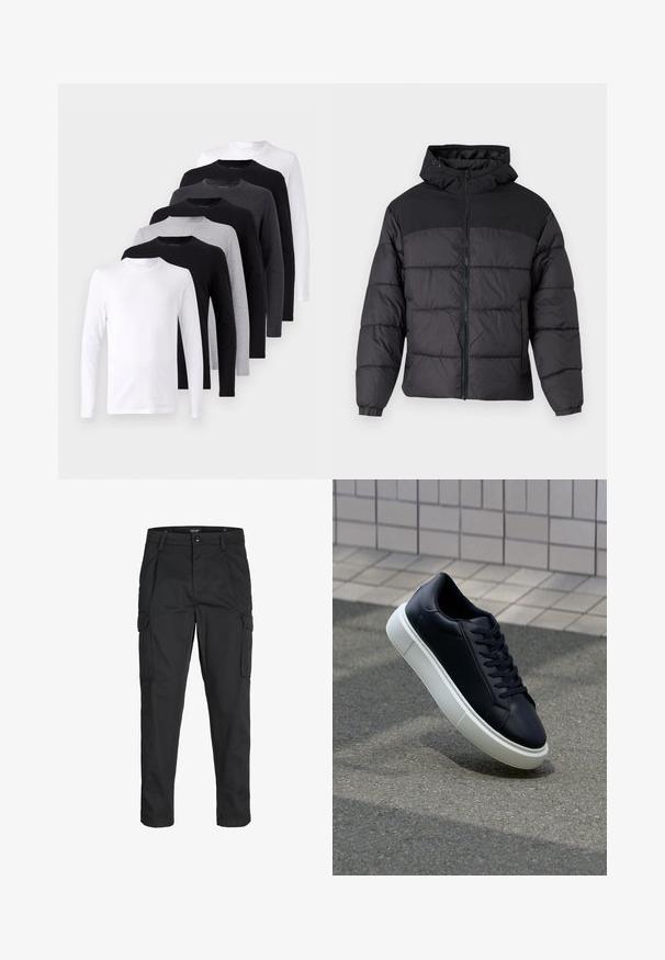 Melns pūka mētelis ar kapuci, ar rāvējslēdzēja priekšpusi, elastīgām apkaklēm un izšuvumu dizainu. Augšējā daļa ir gluda auduma.; Ilgākas piedurknes T-krekls komplektā melnā, baltā un pelēkā krāsā. Kvalitatīvs kokvilnas materiāls, ar apaļu kakla izgriezumu, gluda tekstūra bez rakstiem vai akcentiem.; Melnas kravas bikses, izgatavotas no izturīga auduma, ar vairākiem kabatām, pogu aizdari un šaura piegriezuma dizainu ar sašaurinātiem kāju apakšiem.; Melnas ādas kedas ar noapaļotu pirkstu un baltu gumijas zoli. Iespējas - plakanas šņorītes un minimāla apdare augšdaļā. Struktūrēta zole, lai nodrošinātu saķeri.