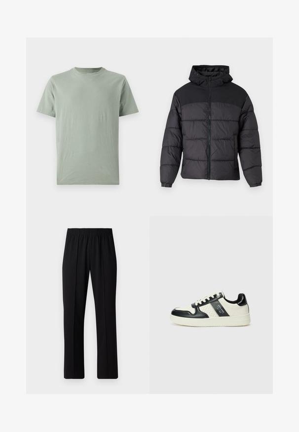 Czarna kurtka puchowa z kapturem, z zamkiem z przodu, elastycznymi mankietami i pikowanym wzorem. Górna część jest z gładkiego materiału.; GAP - T-shirt basic; Czarne spodnie z elastycznym pasem o prostym kroju, z gładką strukturą i bez widocznych wzorów czy elementów metalowych.; Skórzane sneakersy w czarno-kremowym schemacie kolorystycznym, z perforowanymi akcentami, wyściełanym kołnierzem i teksturowaną podeszwą.