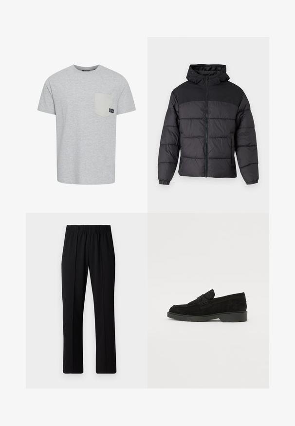 Sort pufferjakke med hætte, med lynlåslukning, elastiske manchetter og en quilted design. Øverste sektion er lavet af glat stof.; Grå t-shirt med korte ærmer lavet af blødt stof, med en kontrasterende lys grå lomme og et lille logo mærke nær lommen.; Sorte bukser med elastisk talje og lige ben, der har en glat tekstur og ingen synlige mønstre eller hardware.; Sorte ruskinds loafers med en lav hæl, der har et enkelt bånd over det øverste og teksturerede detaljer langs siderne.