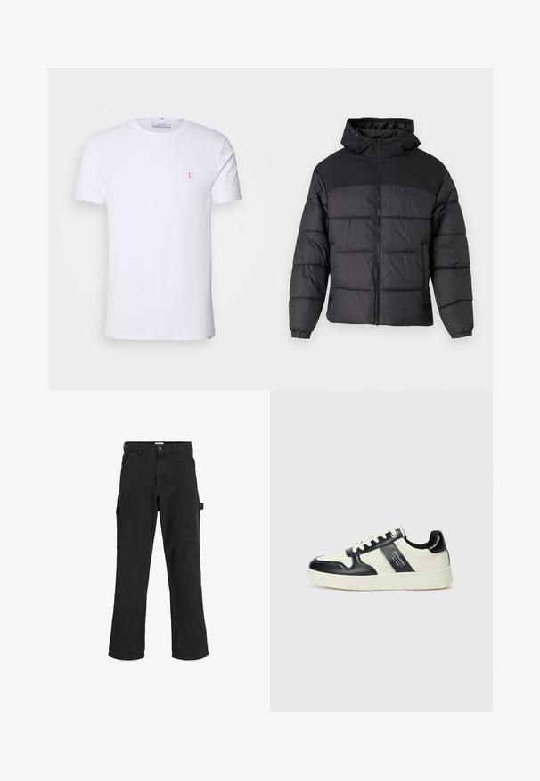 Mustas puffy jakk, millel on kapuuts, esi tõmblukk, elastsed varrukaotsad ja qm vapustav värveldisain. Ülemine osa on siledast kangast.; Valge puuvillane T-särk lühikeste varrukatega, milles on väike oranž "II" logo vasakul rinnal ja ümmargune kaelus. Lihtne disain ja tekstuur.; Mustad seljandavad püksid puuvilla ja sünteetilise segu kangast. Omavad laiu jalgu, ees kaldus taskuid ning külgtaskut, millel on tarvikute jaoks silmus.; Nahatud nahkkingad musta ja kreemi värviskeemiga, millel on perforeeritud aktsendid, pehme krae ja tekstureeritud tallad.